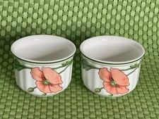 Villeroy & Boch AMAPOLA 2 Ramekins Porcelain Bibbed Green Trim Germany