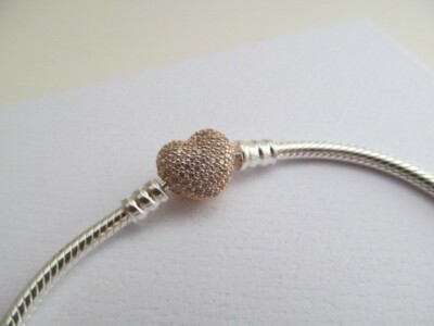Authentic New Pandora Rose & Silver Pave Heart Clasp Snake Chain