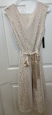 Tahari Dress Women’s Size 8 Ivory Arthur S. Levine MIDI With Overlay & Belt NWT