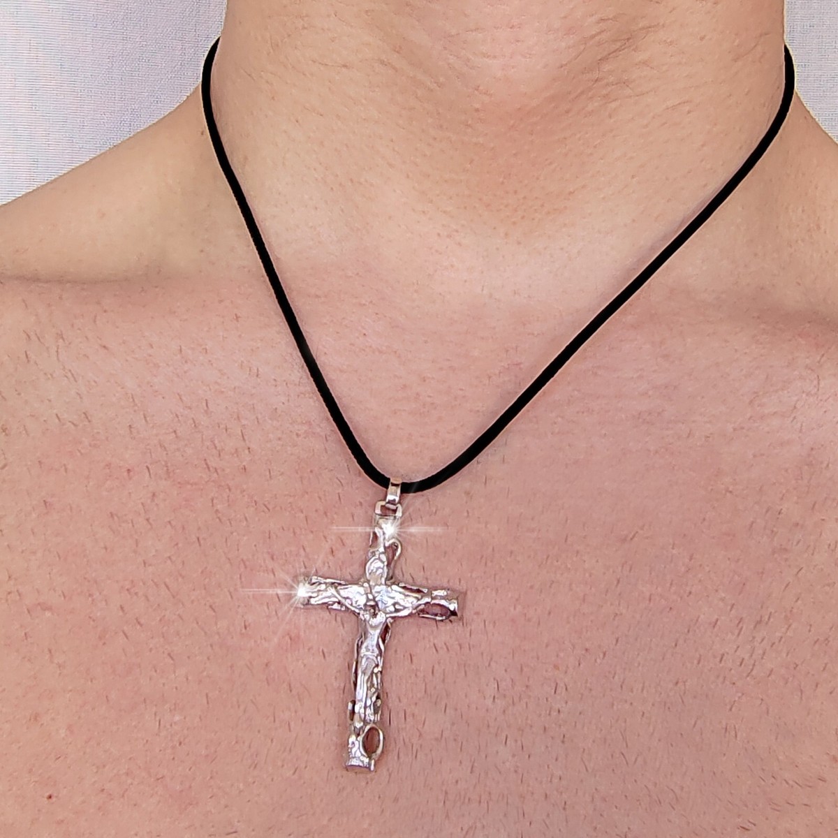 Collana Croce Uomo In Argento Sterling 925 Crocifisso Ciondolo, Catena Lunghezza: 60 Cm - Bianca