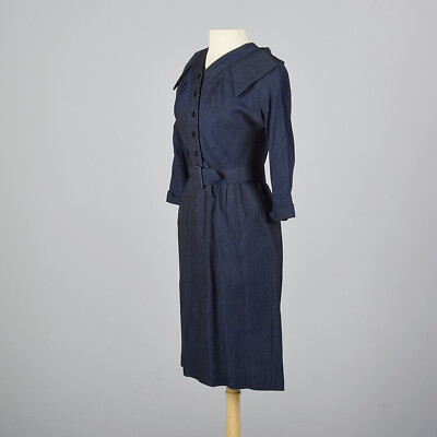 S 1950s Blue Wool Winter Dress Long Sleeves Pencil Skirt Casual Day Wear  50s VTG | eBay