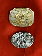 Two Vintage Belt Buckles 1986 100 Years Of Liberty , Siskiyou God Bless America