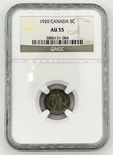 1920 CANADA Silver 5 Cent Coin - NGC AU 55