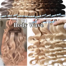 Russian Tape In Human Hair Extensions Virgin PU Skin Weft Full Head Body Wave 18
