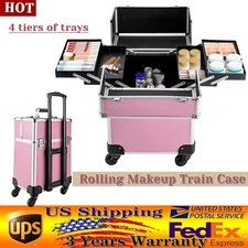 Pink Rolling Train Case Aluminum Trolley Professional Cosmetic Organizer Box