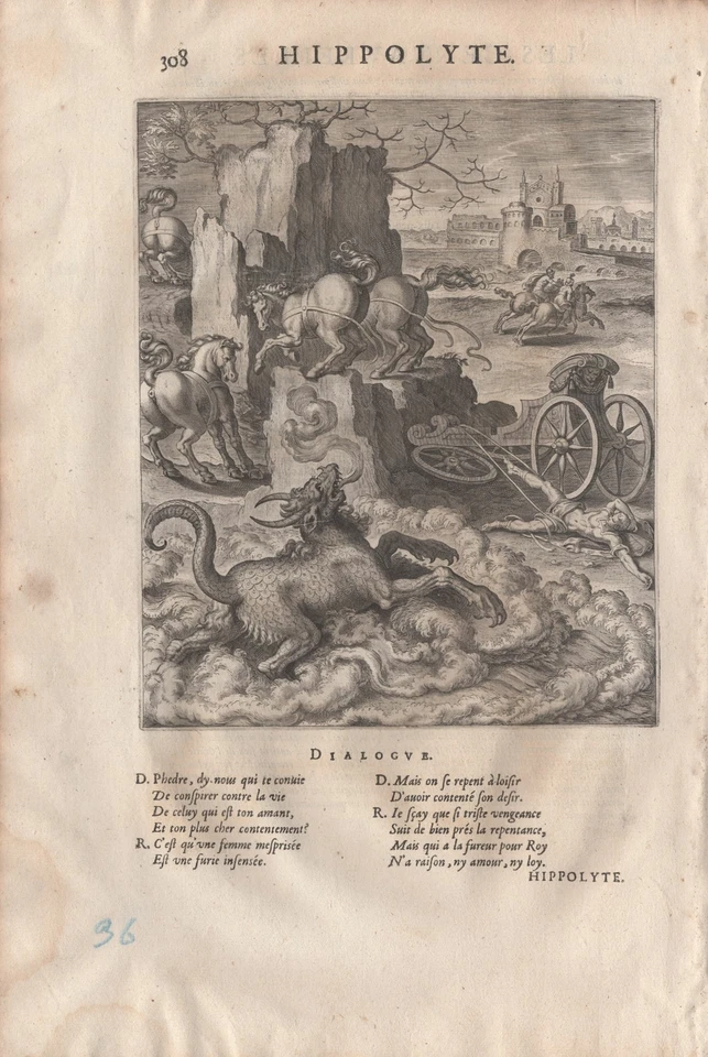 Mythologie Mort d'Hippolyte Chevaux Monstre Gravure originale Philostrate XVIIe - Photo 2/2