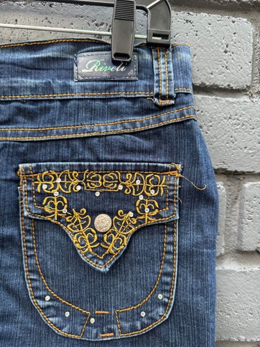 Vtg Denim Stretch Bright Blue Mini Skirt 13/14 Rhinestone Bedazzled Distressed - Picture 7 of 15