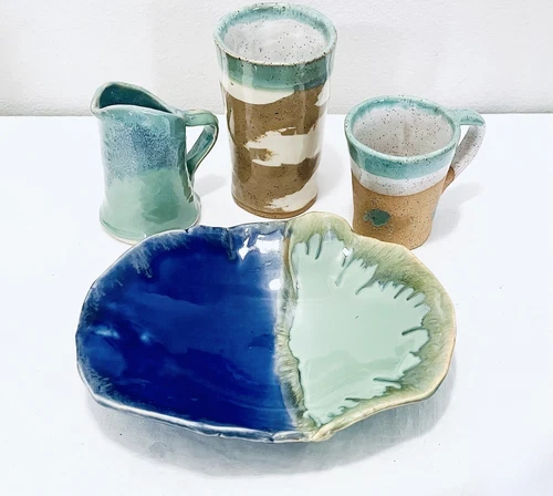 Larry Phan Signed Drip Glaze Stoneware Plate & Matching Tumbler, Mug, Creamer