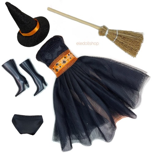 Eledoll Clothes Halloween Doll Fashion Pack Black Dress Witch Hat Boots Broom - Picture 1 of 9