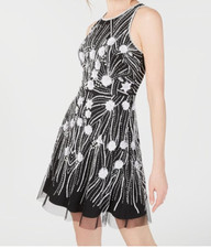 Adrianna Papell Sequined Mesh Sheath Dress.  Black with White Flowers.  Size 14