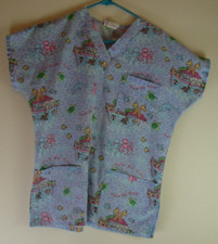 SB Fashion Scrubs Top Size Small Noah's Ark 3 Patch Pockets Blue Pink Animals