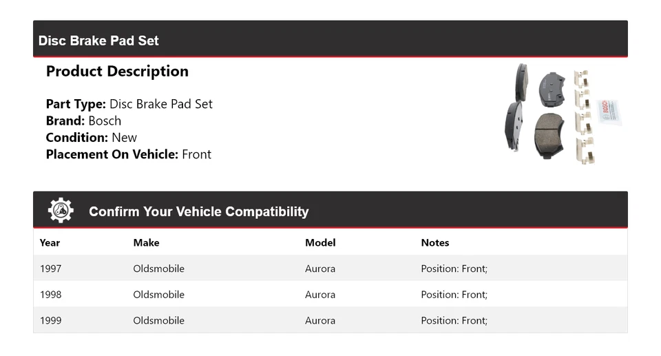 Pastillas de freno delanteras de cerámica QuietCast 1998 para Oldsmobile Aurora Bosch 1997-1999 Foto 2 de 4
