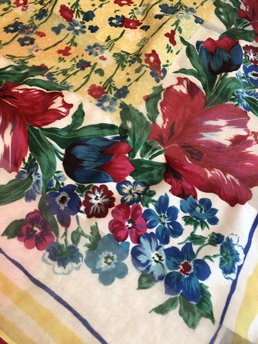 Sciarpa floreale vintage anni '70 a righe blu rosso fiore giallo 33 x 33 poliestere - Foto 3 di 4