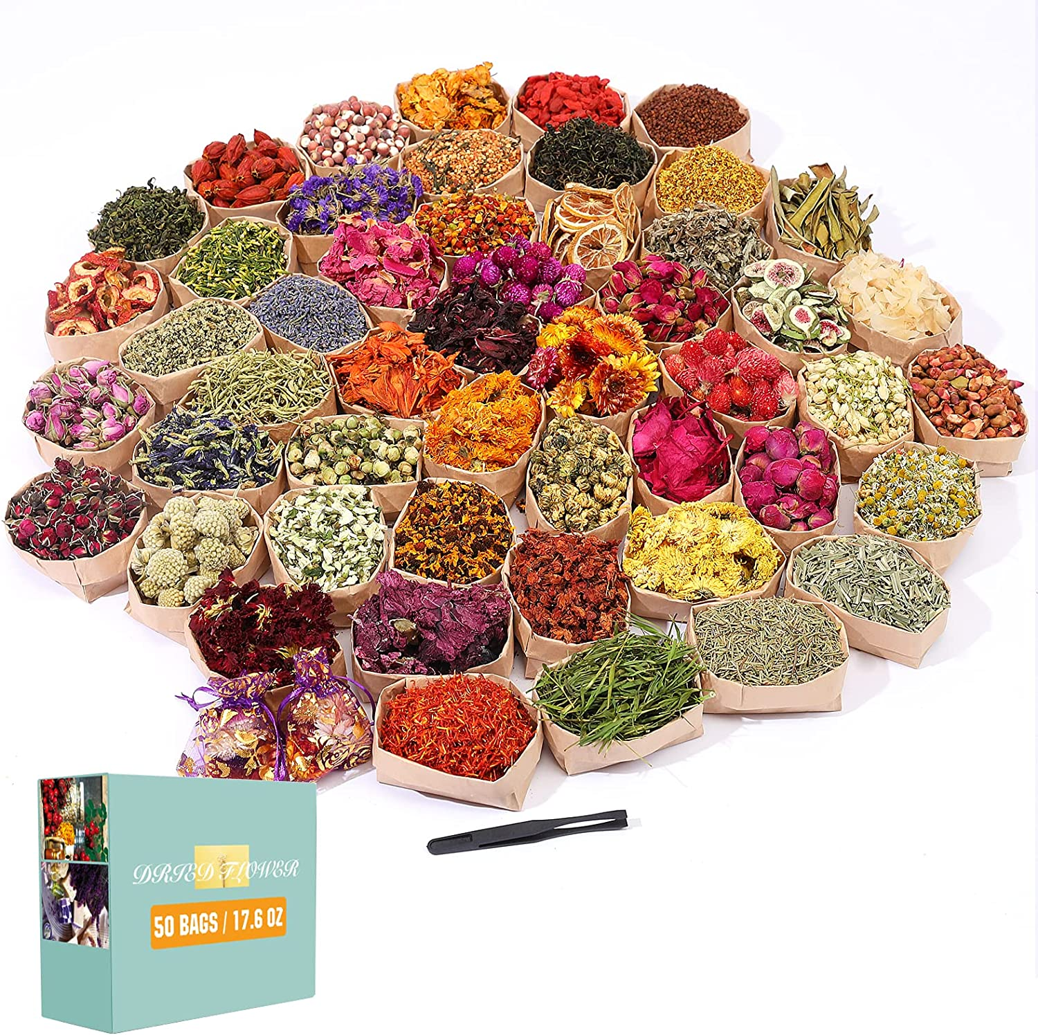 Dried Flowers, 50 Bags 100% Natural Dried Herbs Kit for Soap Making, Candle, Res-image