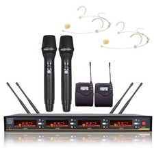 4 Channel UHF PLL Wireless Cordless 2 Handheld 2 Headset Microphone Mic System