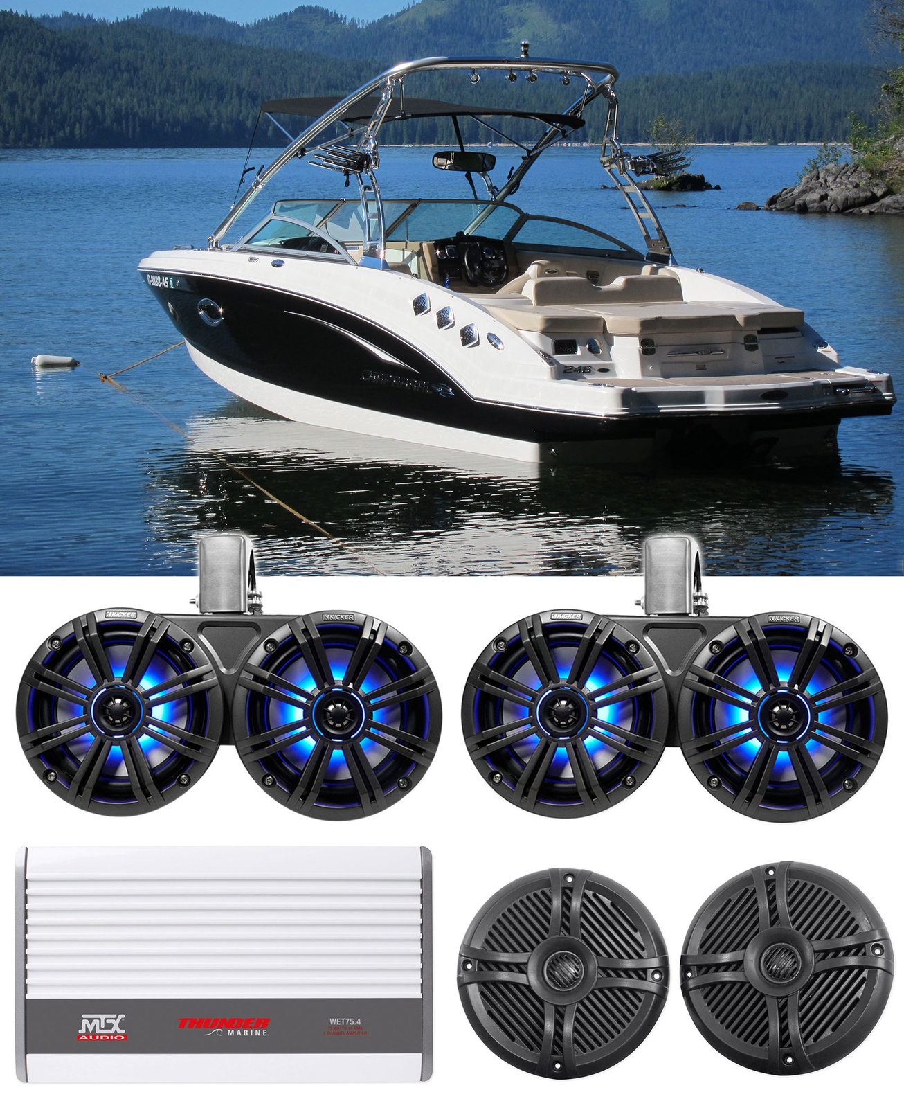 2 Двойная башня для вейкбординга KICKER 45KMTDC65 с 65 светодиодами 2 Морские колонки Усилитель 134490₽