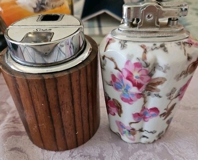 VTG Scripto Rosewood & Chrome Steel Table Lighter & Ceramic Lighter NOT WORKING