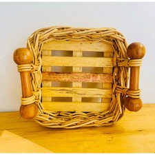 Basket Vtg Woven Wicker Handles Wood Slats Centerpiece Bread