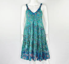 ZARI Turquoise Floral Paisley Swing Dress Size M V-Neck Sleeveless Boho Artsy