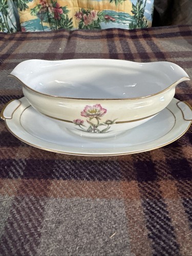 Mikado China HARMONY Gravy Boat w/ Underplate Japan Gold Pink Camellia Vintage - Picture 3 of 9