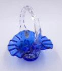 Fenton Cobalt Blue Glass Basket Ruffled Rim w Sticker Hand Decorated Artist Sign
