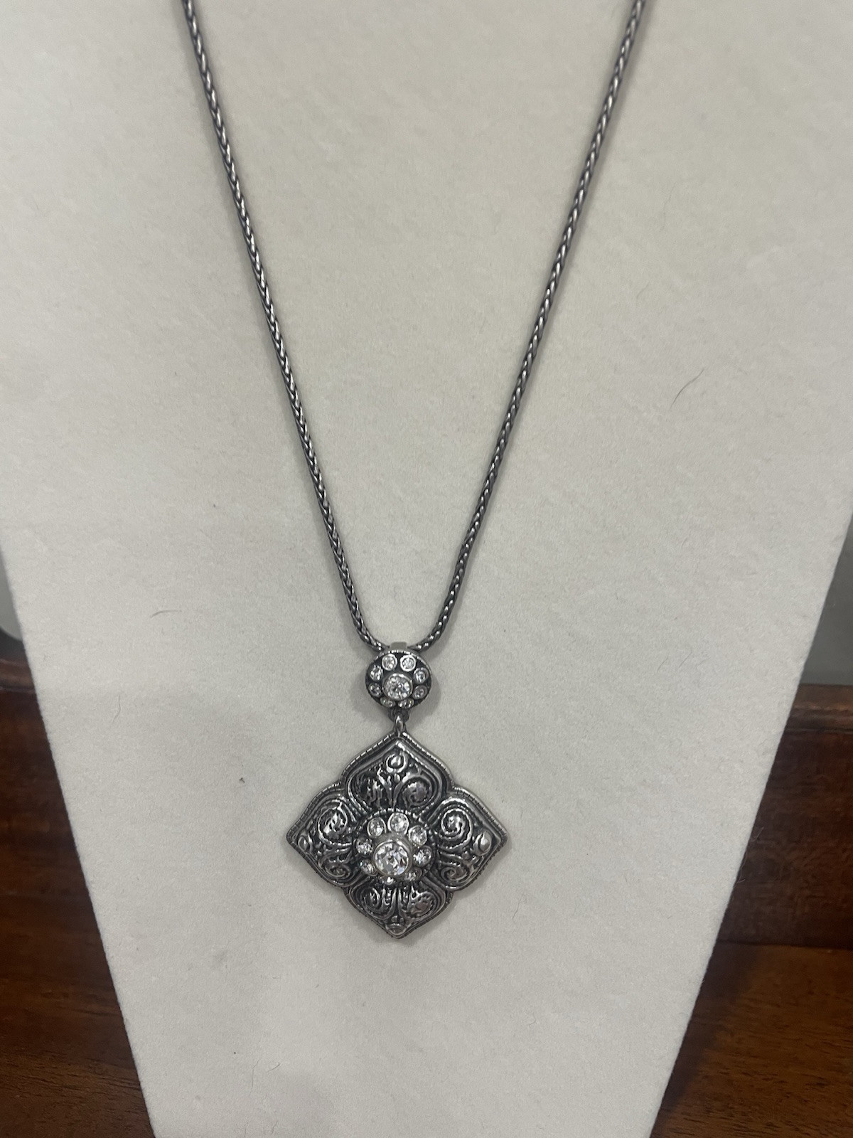 Brighton Lucerne Silver Tone Crystal Clover Flower Pendant Necklace