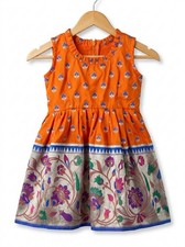 Girls Banarasi Silk Pattu Pavadai Indian Ethnic Dress Orange Gold Toddler 12-18M