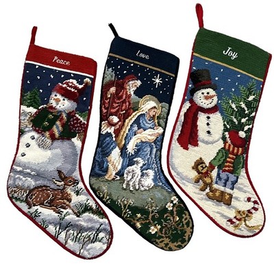 3 Vtg Needlepoint Snowmen Christmas Stockings Velvet Back Snowman Holy Family