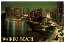 Waikiki Beach Honolulu Hawaii ~ night time lapse ~ Kalakaua Ave ~ 1986 postcard