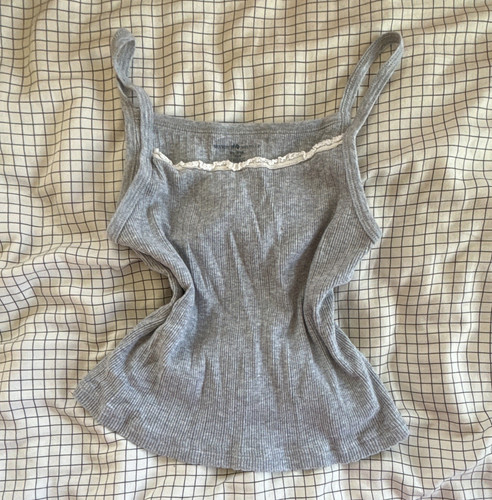 Women’s Gray Cotton Ribbed Camisole Tank Top S Lace Trim Brandy Melville