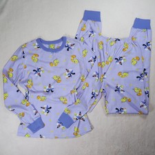 Vintage Y2K Looney Tunes Tweety Bird Sylvester Ribbed Pajama Set Sz S Jogger Bow