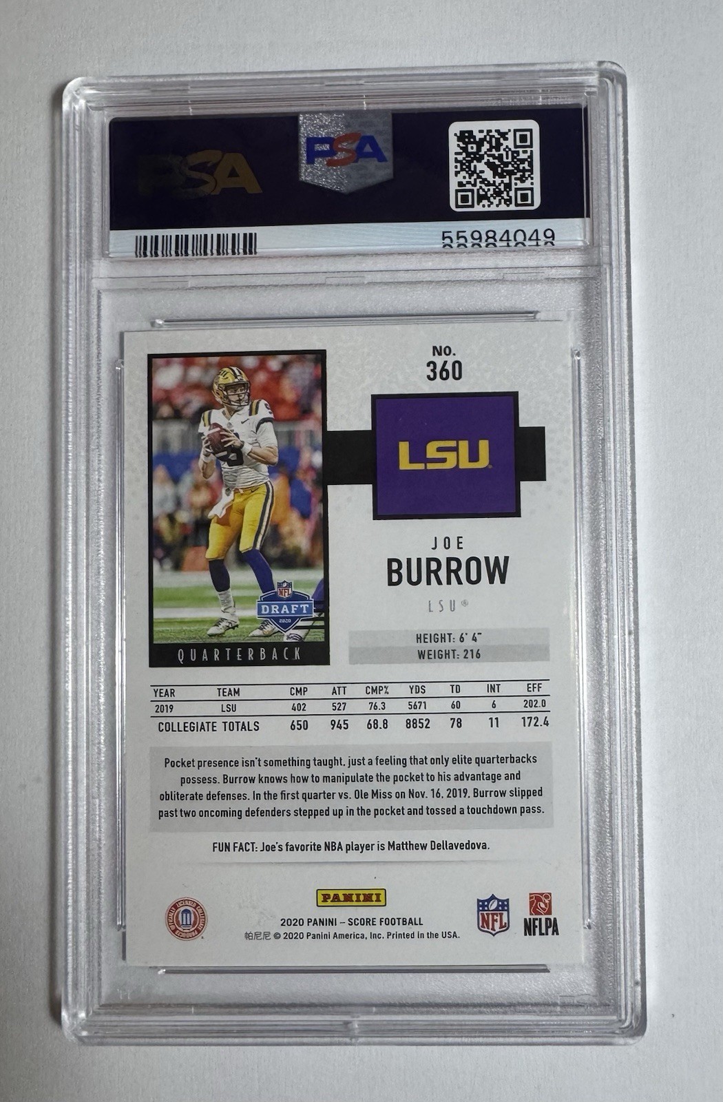 Panini 2020 Score Joe Burrow #360 Rookie RC PSA 9 Graded Football Card view 2