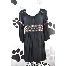American Eagle 3/4 Sleeve Embroidered Boho Dress Black Medium
