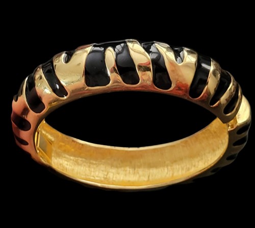 Joan Rivers Vintage Gold Tone Black Enamel, Animal Print Hinged Bangle Bracelet - Picture 3 of 6