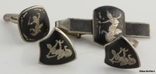 Vintage Siam Gemelli & Fermacravatta Set - Argento Sterling Asiatico Dea Mekkala