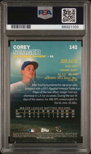 2016 Stadium Club COREY SEAGER #142 RC White PSA 10 GEM MINT Dodgers Rangers view 2