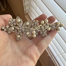 Women's Silver Tone Floral Flower Barrette Clip Rhinestone Faux Pearl Metal