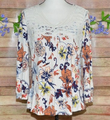 Daniel Rainn Floral Blouse Crochet Details 3/4 Sleeves Size S Casual