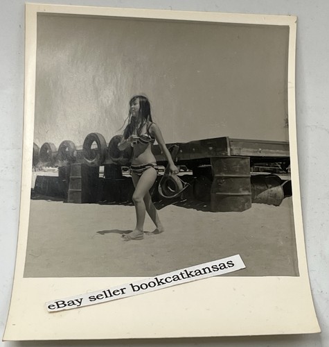 BIKINI-CLAD WOMAN ON BEACH Vietnam War USAF MILITARY BASE Antique Photo 1960s