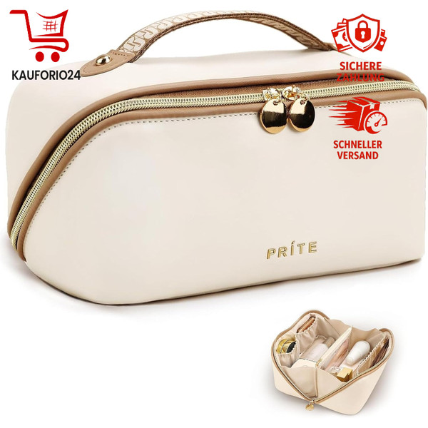 Kosmetiktasche GroßE KapazitäT Tragbar Wasserdicht Pu-Leder Beige Mit Griff L-image