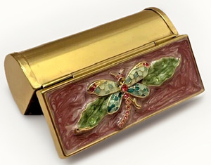 VTG Compact Mirror Lipstick Hollywood Regency Swarovski Crystal Argento Royal