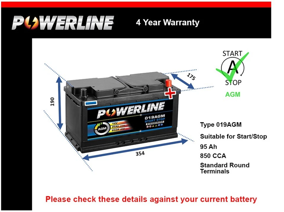 AGM Car Battery 019AGM Powerline 019 850A 95Ah 4Yr WTY 354x175x190 Start Stop