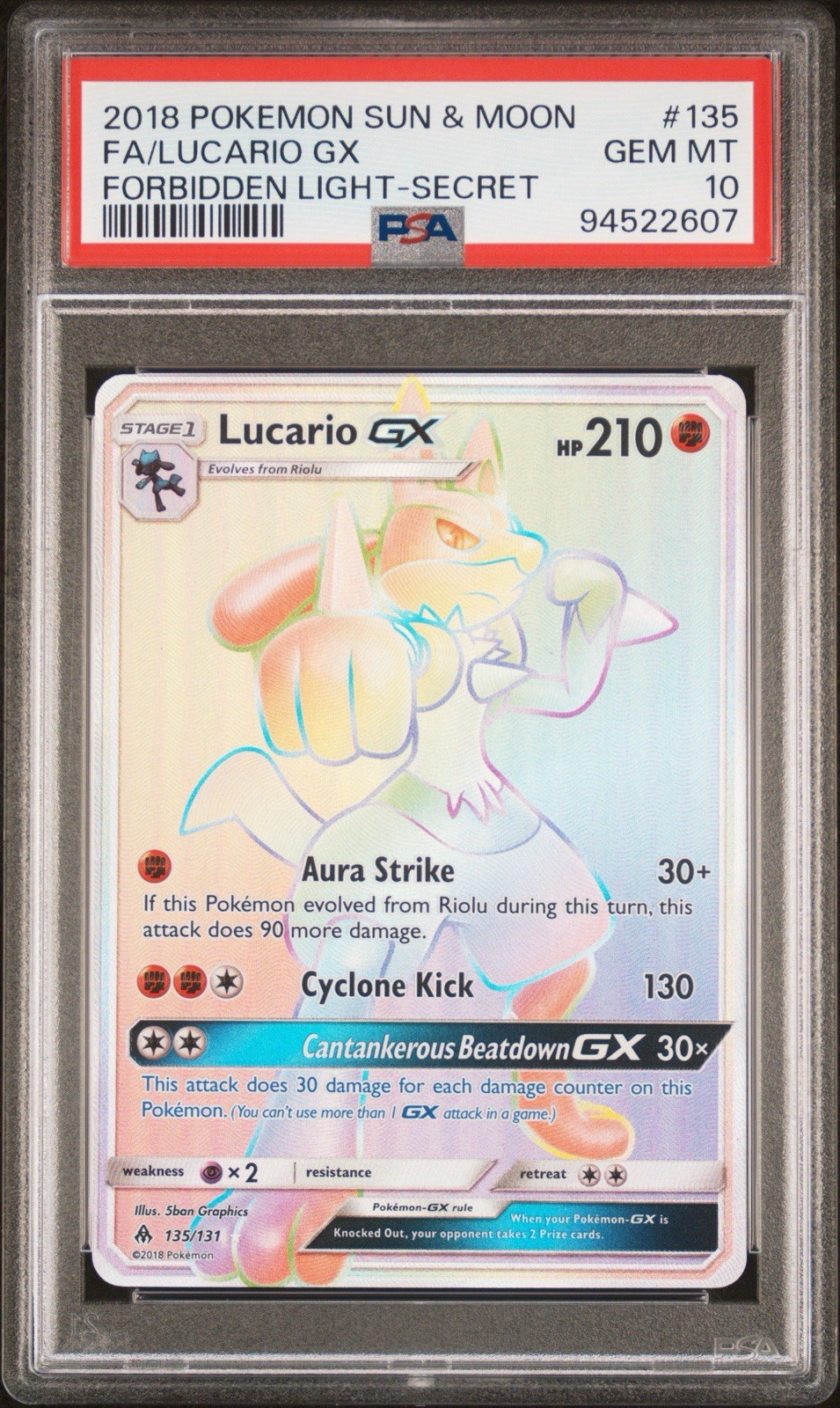 2018 POKEMON SUN & MOON FORBIDDEN LIGHT SECRET #135 FULL ART/LUCARIO GX PSA 10