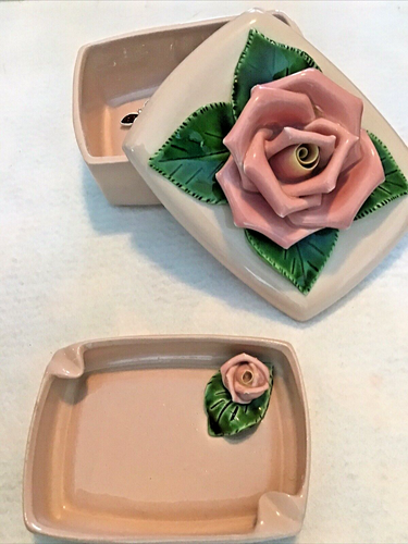 Vintage Valley Vista California Pottery Cigarette Box - Ashtray - Applied Rose - Picture 2 of 13