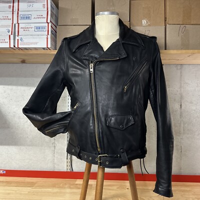 Brooks Leather Belted Motorcycle Jacket Mens Size 42 (M) Black