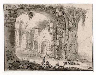 Antiker Meisterdruck-LANDSCHAFT-BOGEN-RUINE-Cootwijk-Lügen-ca. 1760