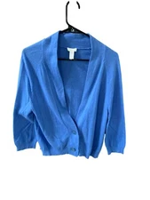 Chicos Womens Size 0 Small Blue Angora 2 Button Cardigan Sweater Silk Blend 3/4