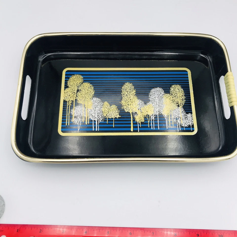 VTG 80s Srednick Serving Trays 2 - Gold Trees Black Blue Sky Japanese Stack READ - Image 4 of 4