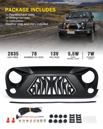 Shark Style Black Front Grille w/ Turn Signal Light for 07-18 Jeep Wrangler JK - Picture 6 of 6