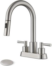 Bathroom Sink Faucet with Pull Out Sprayer 2 Handles, Brushed Nickel Pull Down
